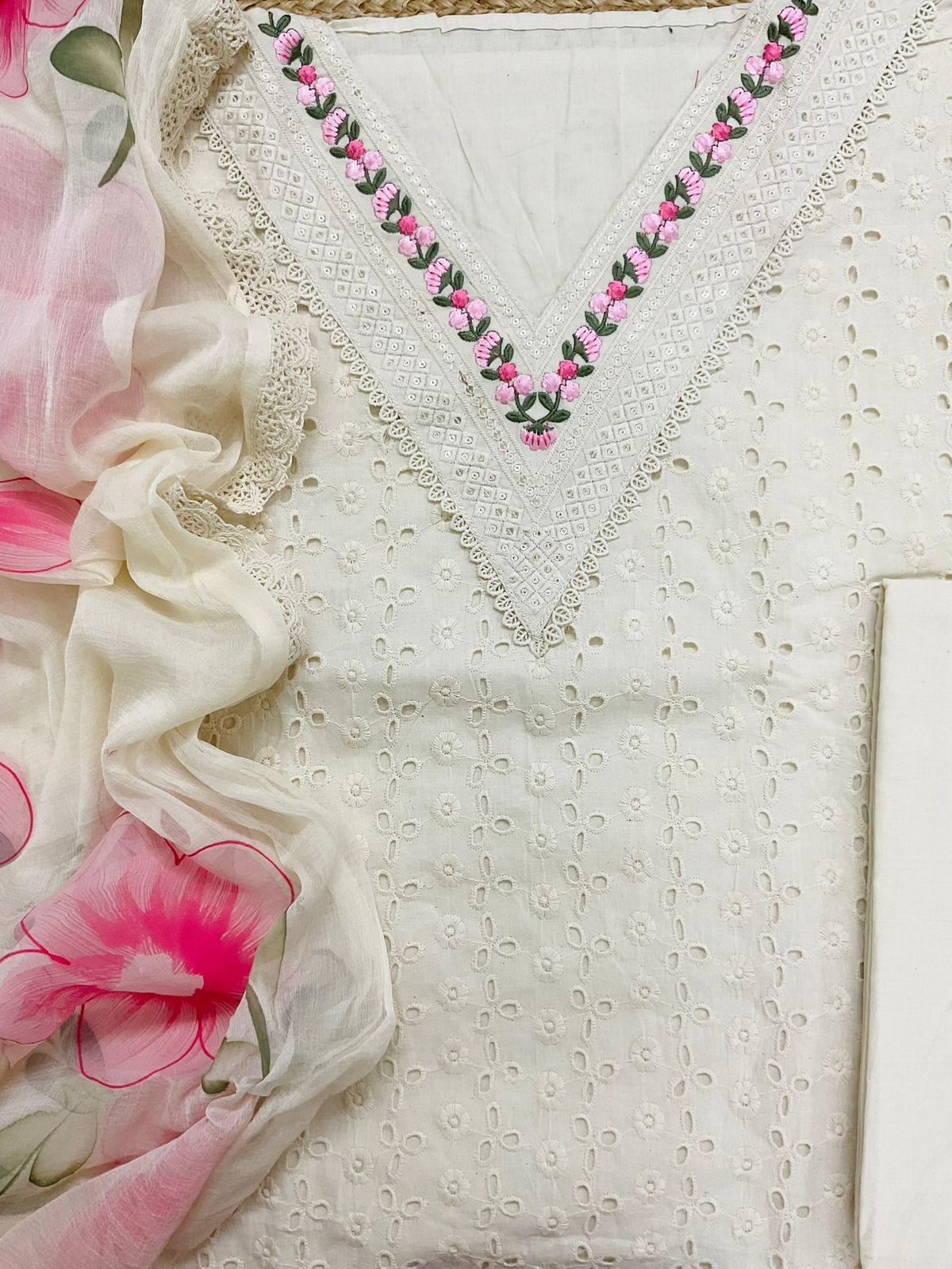 Pure Hakoba Cotton Brush Painted Embroidered Suit - Offwhite