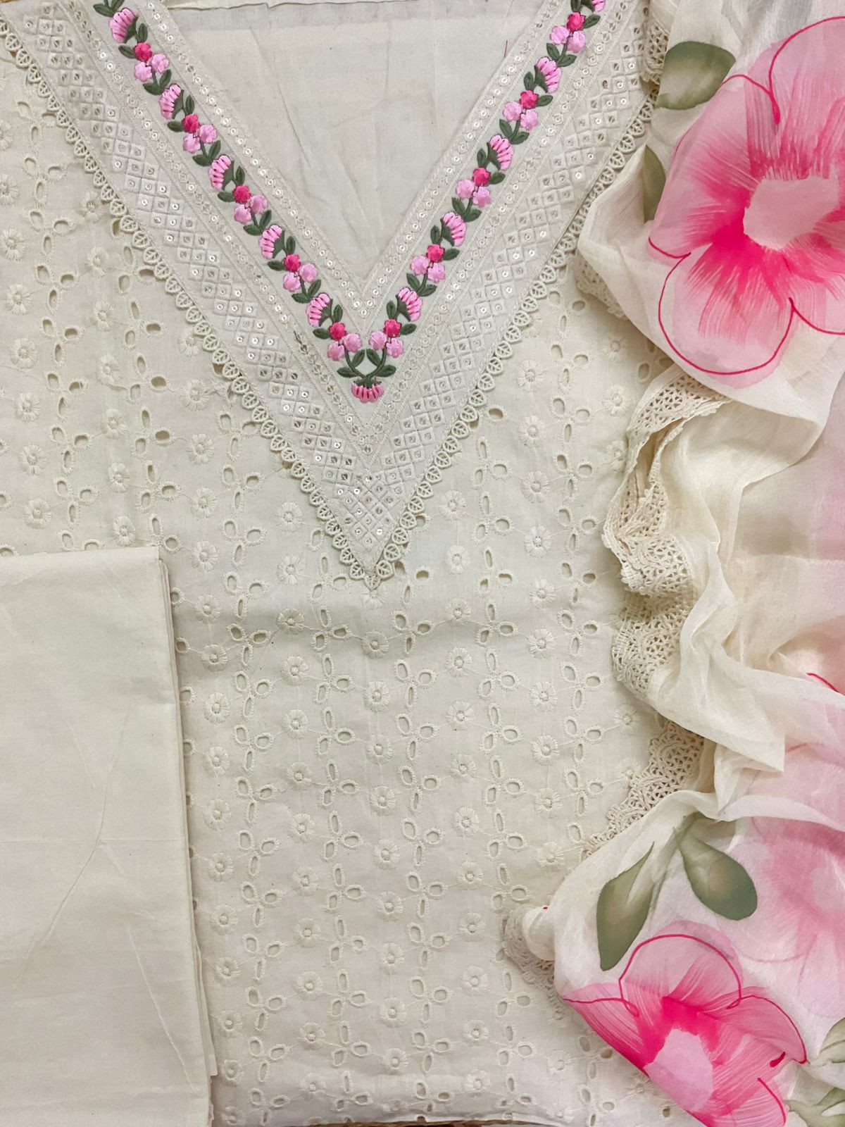 Pure Hakoba Cotton Brush Painted Embroidered Suit - Offwhite