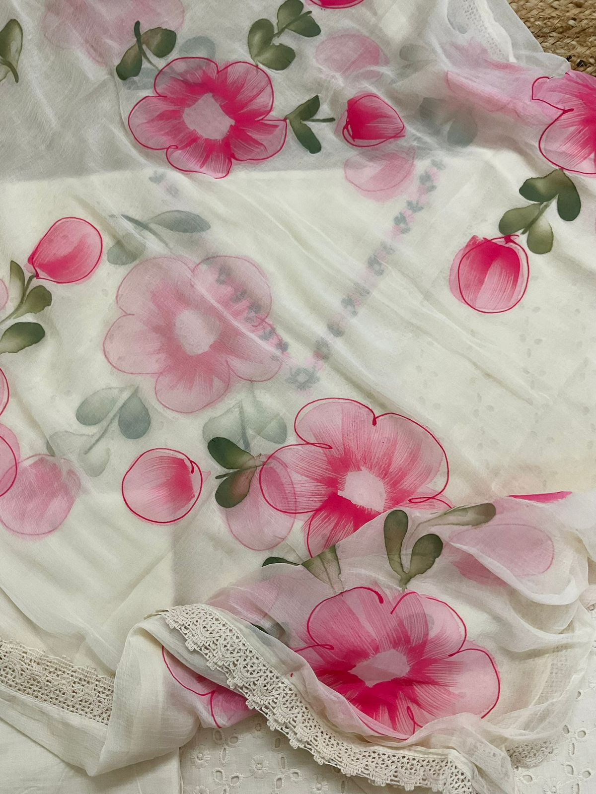 Pure Hakoba Cotton Brush Painted Embroidered Suit - Offwhite