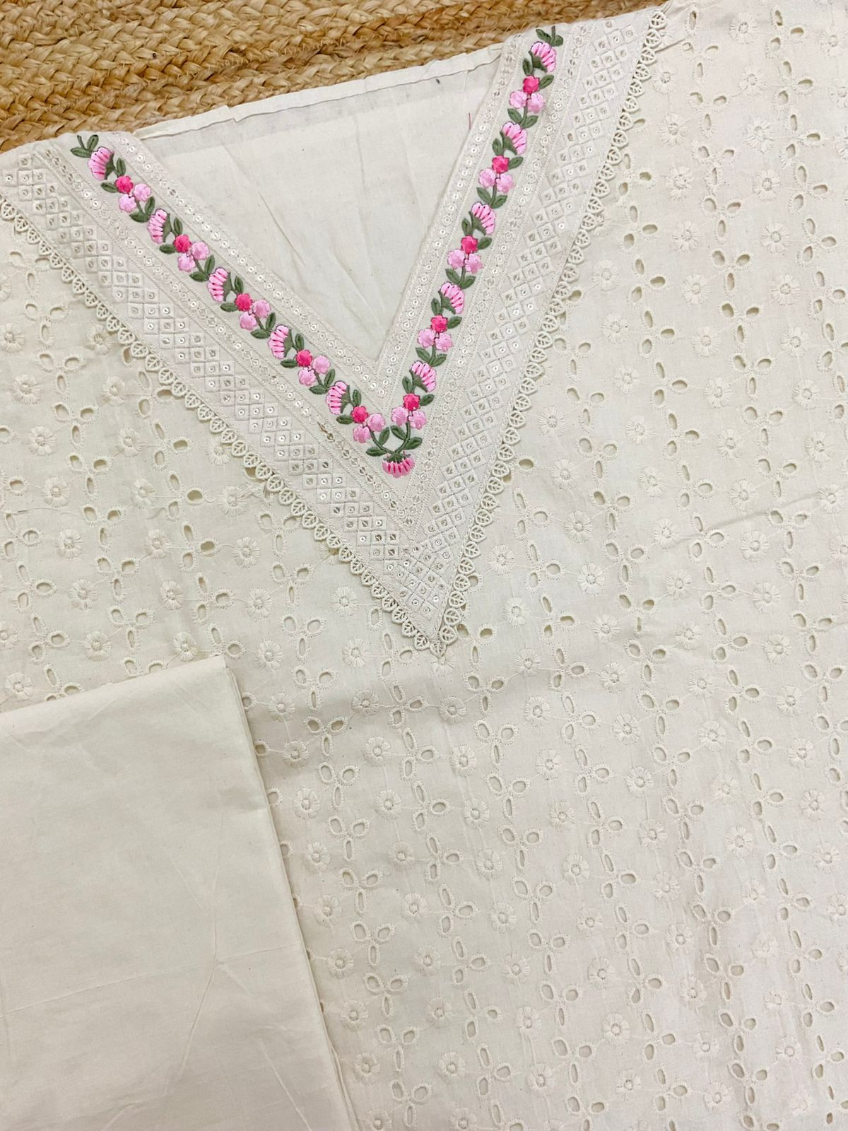 Pure Hakoba Cotton Brush Painted Embroidered Suit - Offwhite