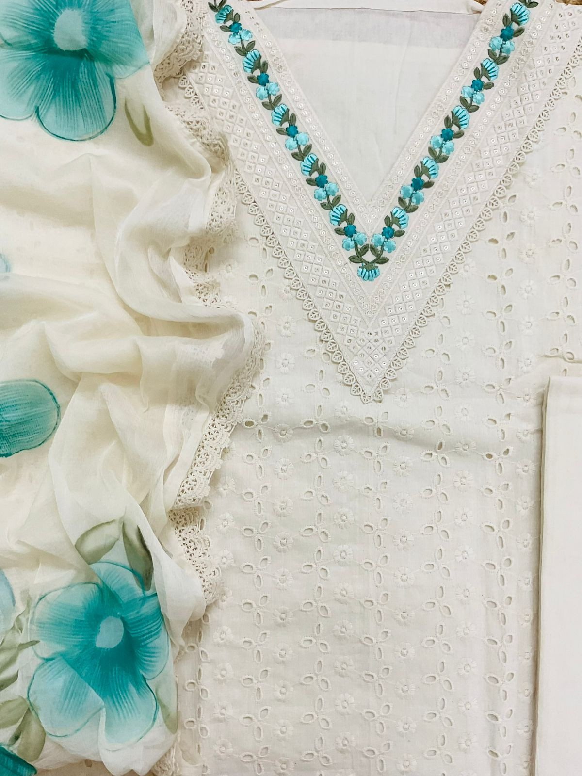 Pure Hakoba Cotton Brush Painted Embroidered Suit - Offwhite