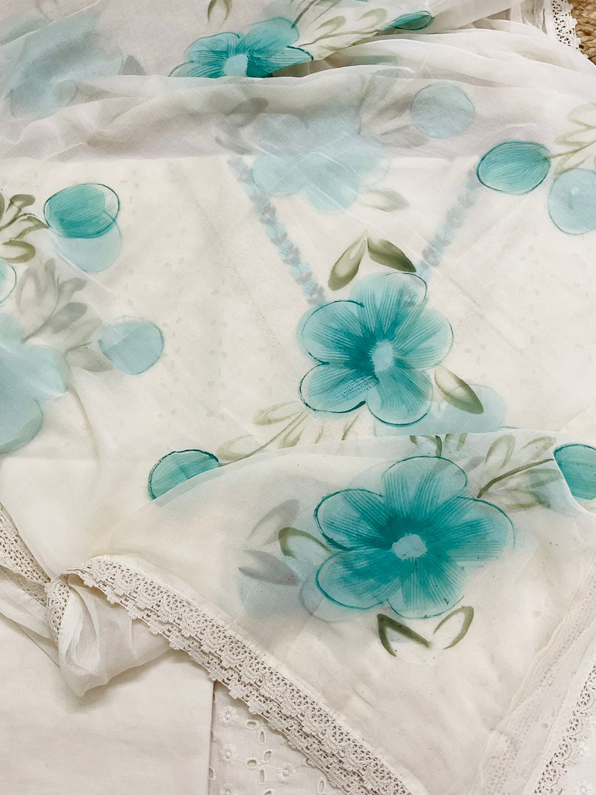 Pure Hakoba Cotton Brush Painted Embroidered Suit - Offwhite