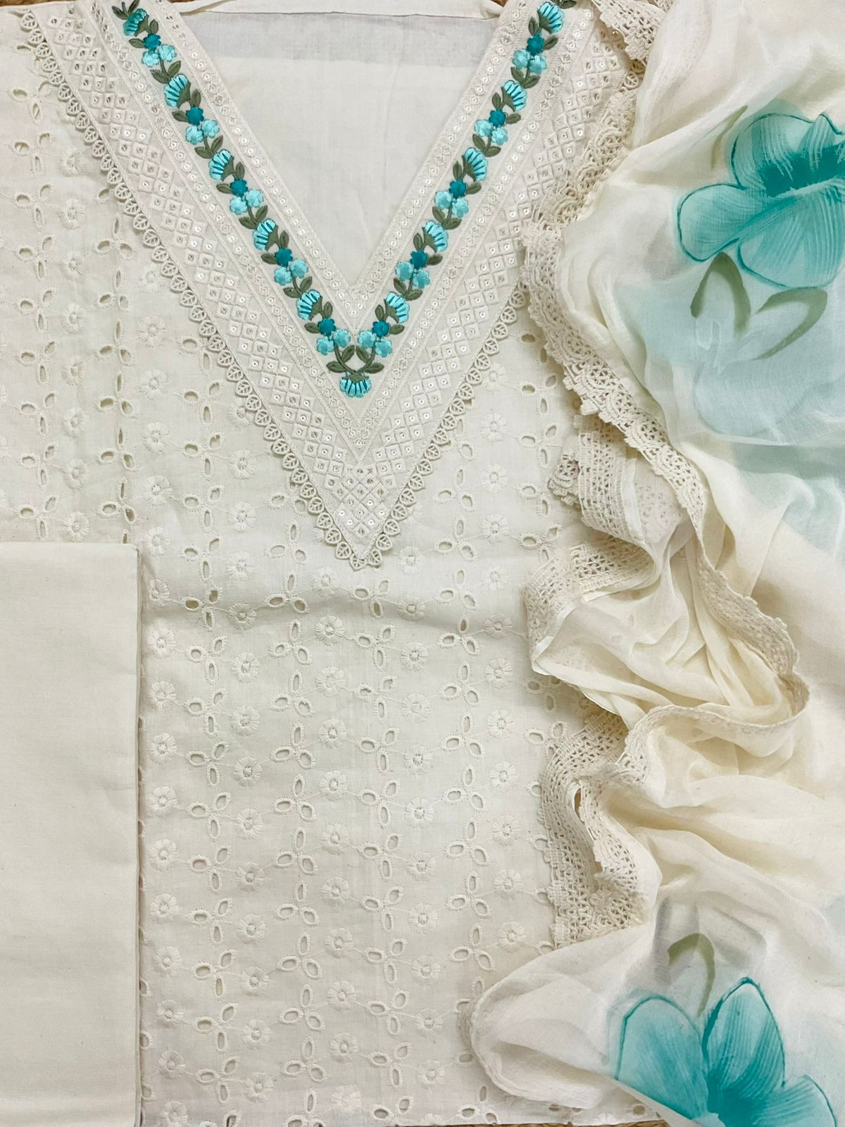 Pure Hakoba Cotton Brush Painted Embroidered Suit - Offwhite