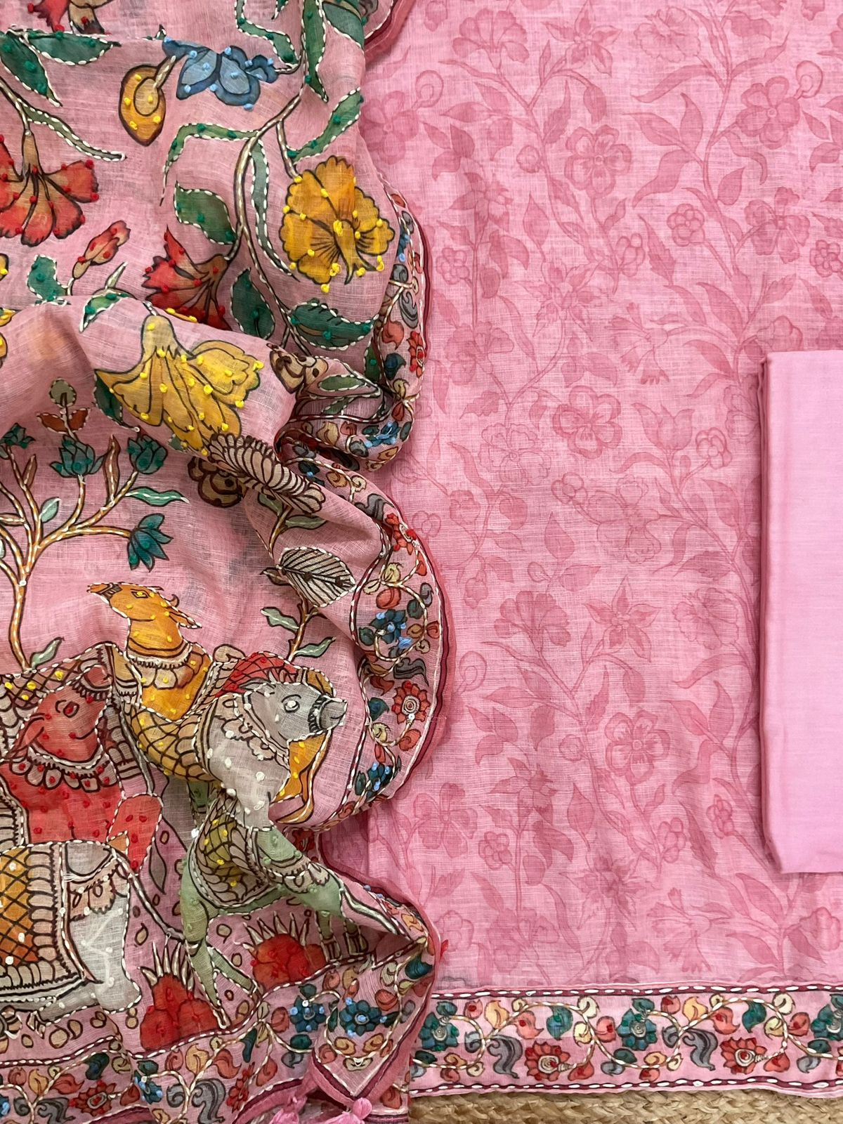 Soft Linen Jute Cotton Printed Embroidered Suit - Pink