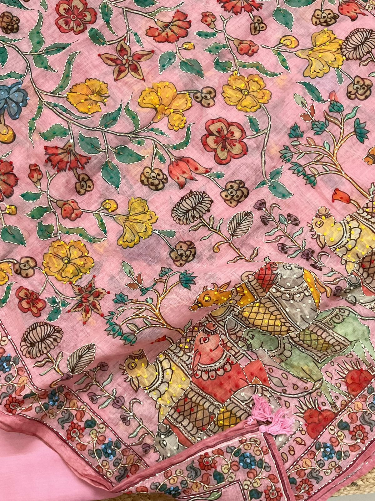 Soft Linen Jute Cotton Printed Embroidered Suit - Pink