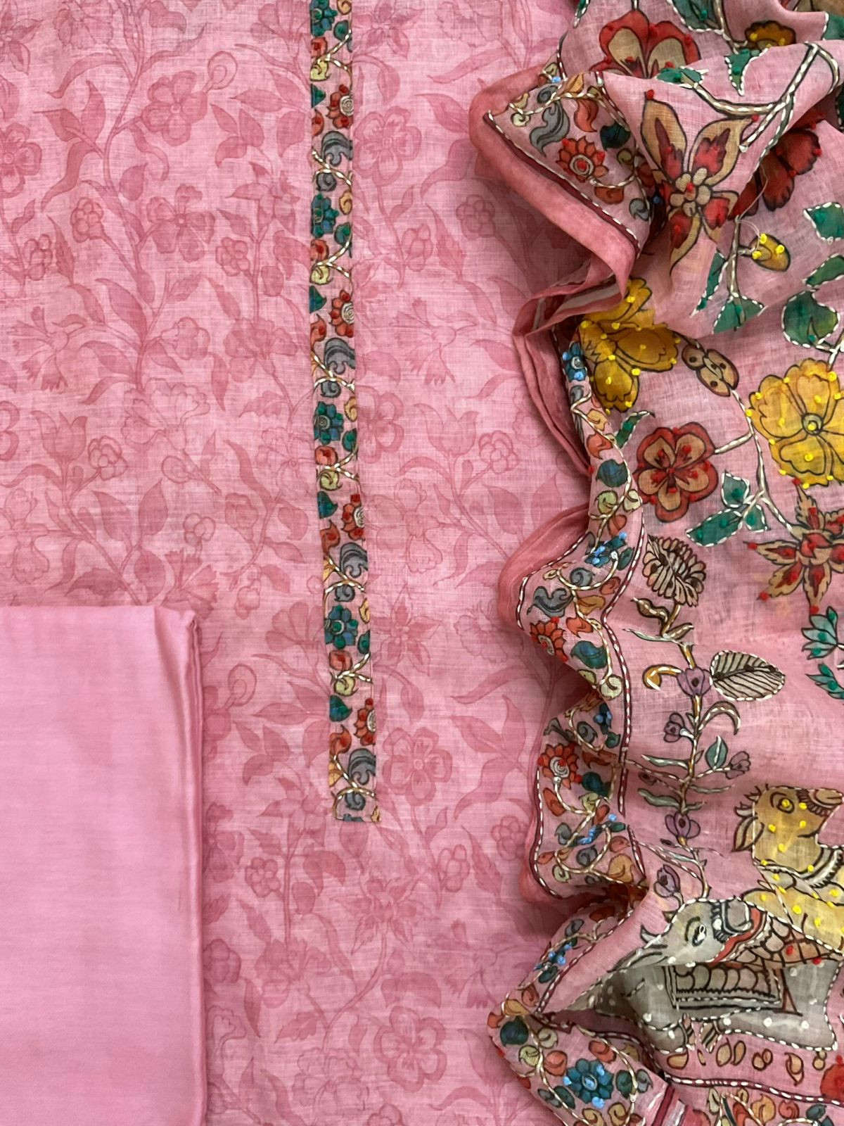 Soft Linen Jute Cotton Printed Embroidered Suit - Pink