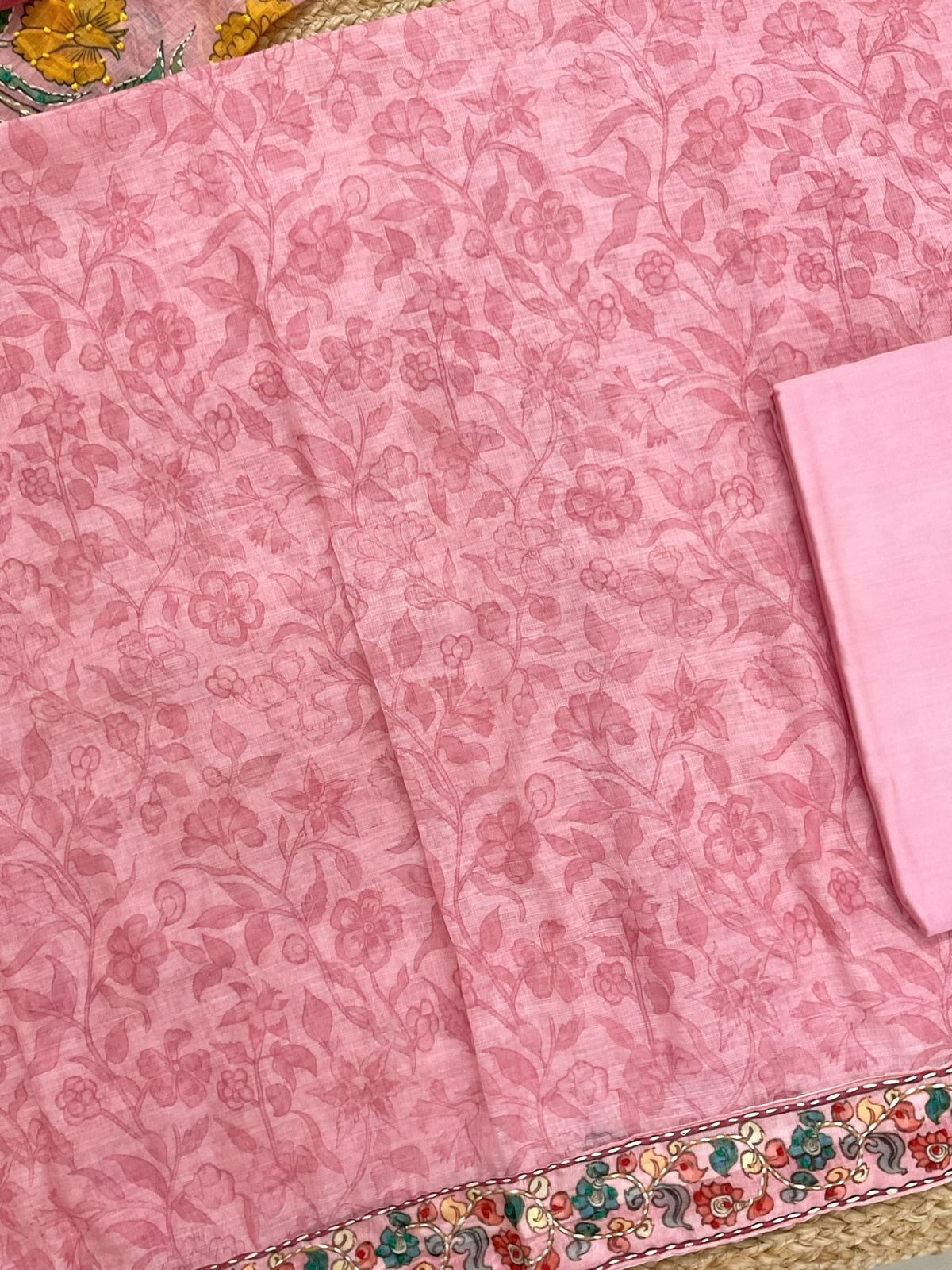 Soft Linen Jute Cotton Printed Embroidered Suit - Pink