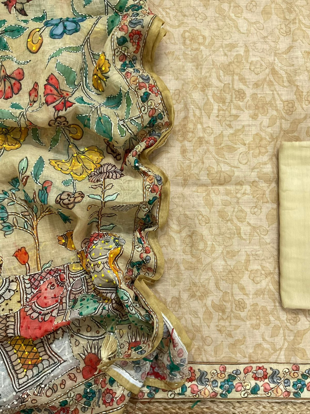 Soft Linen Jute Cotton Printed Embroidered Suit - Beige