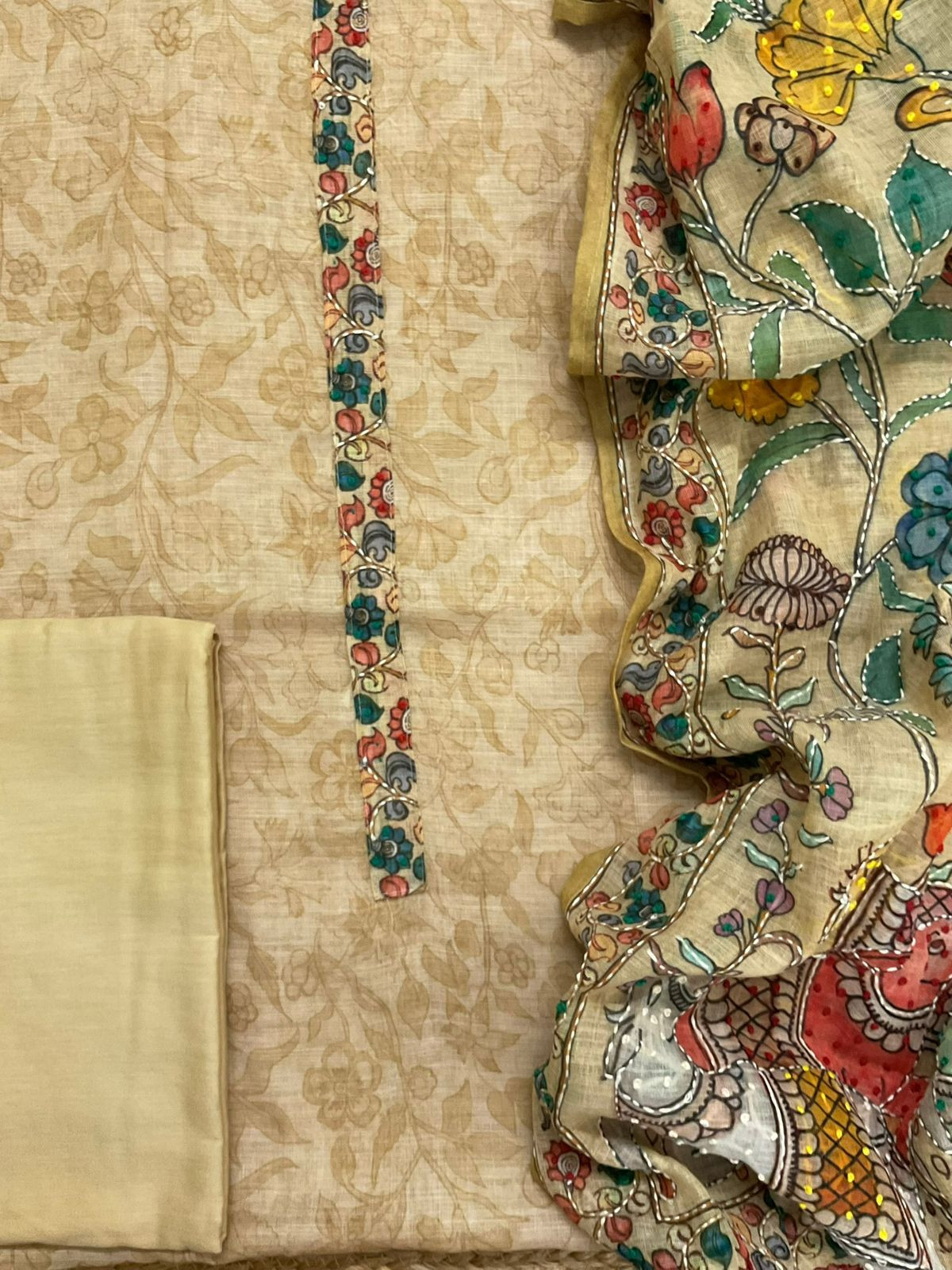 Soft Linen Jute Cotton Printed Embroidered Suit - Beige