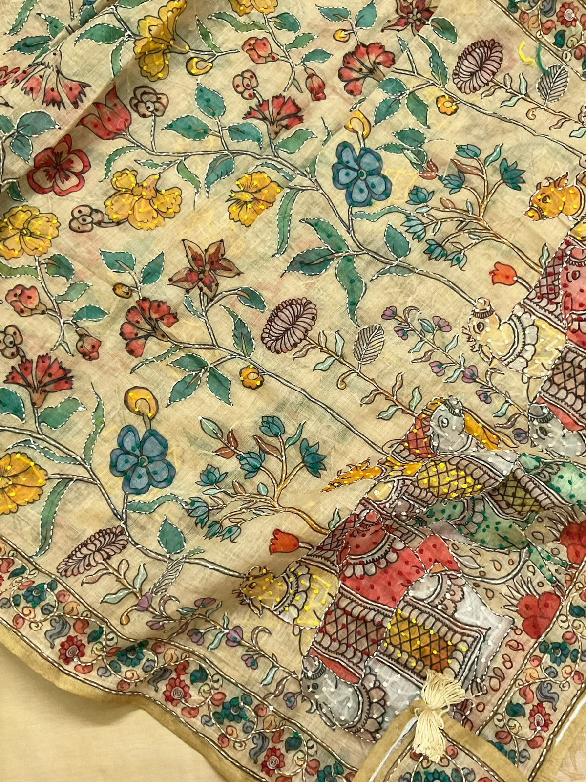 Soft Linen Jute Cotton Printed Embroidered Suit - Beige