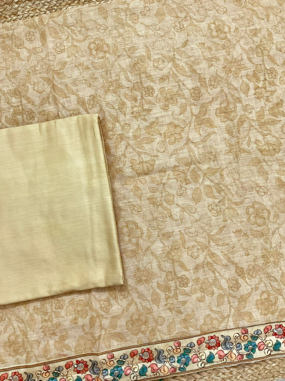 Soft Linen Jute Cotton Printed Embroidered Suit - Beige