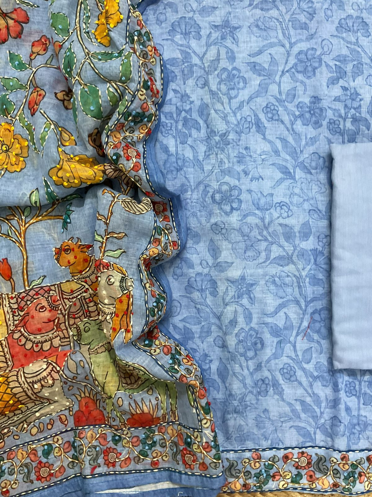 Soft Linen Jute Cotton Printed Embroidered Suit - Blue