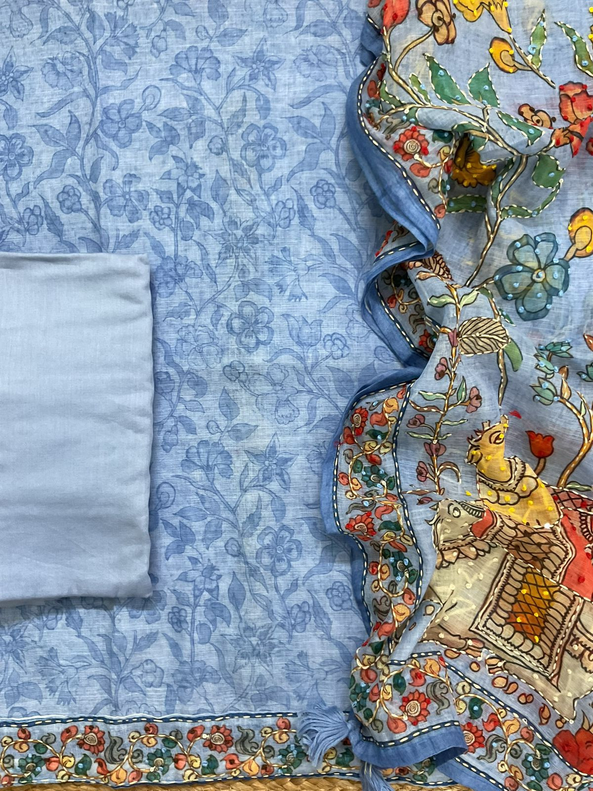 Soft Linen Jute Cotton Printed Embroidered Suit - Blue