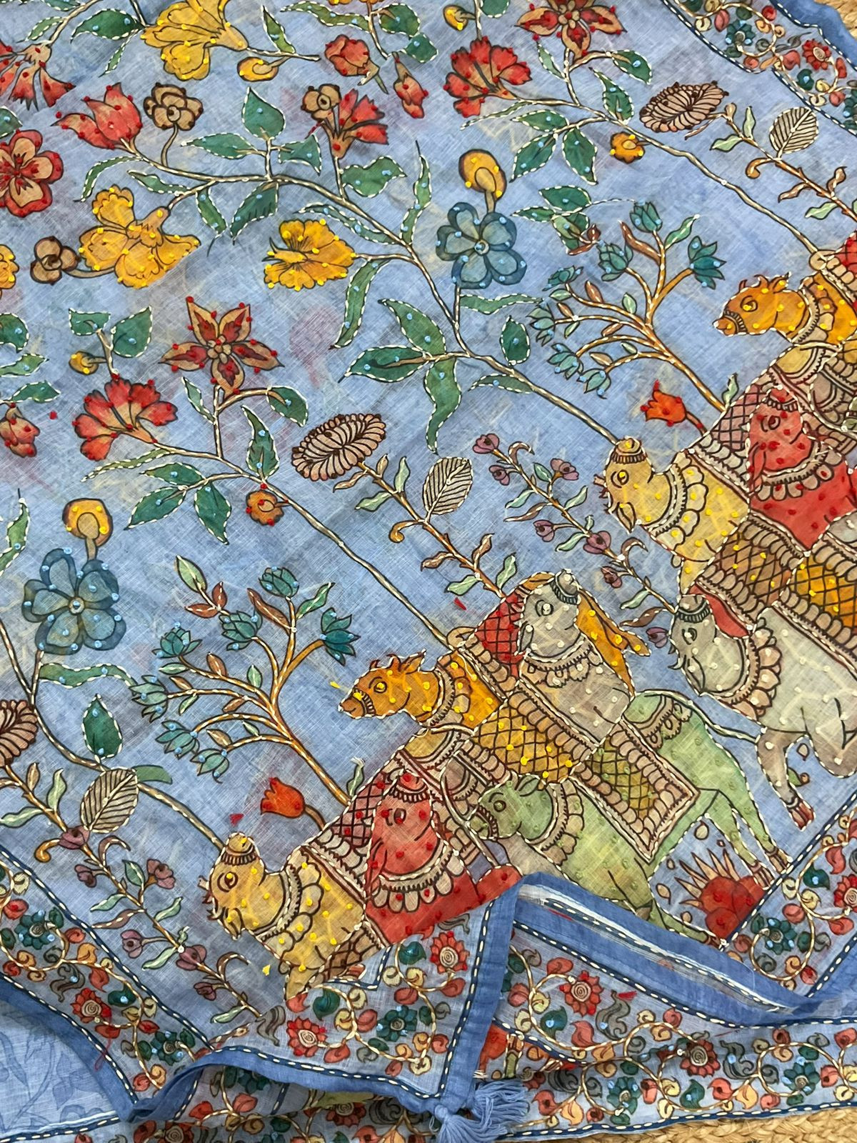 Soft Linen Jute Cotton Printed Embroidered Suit - Blue