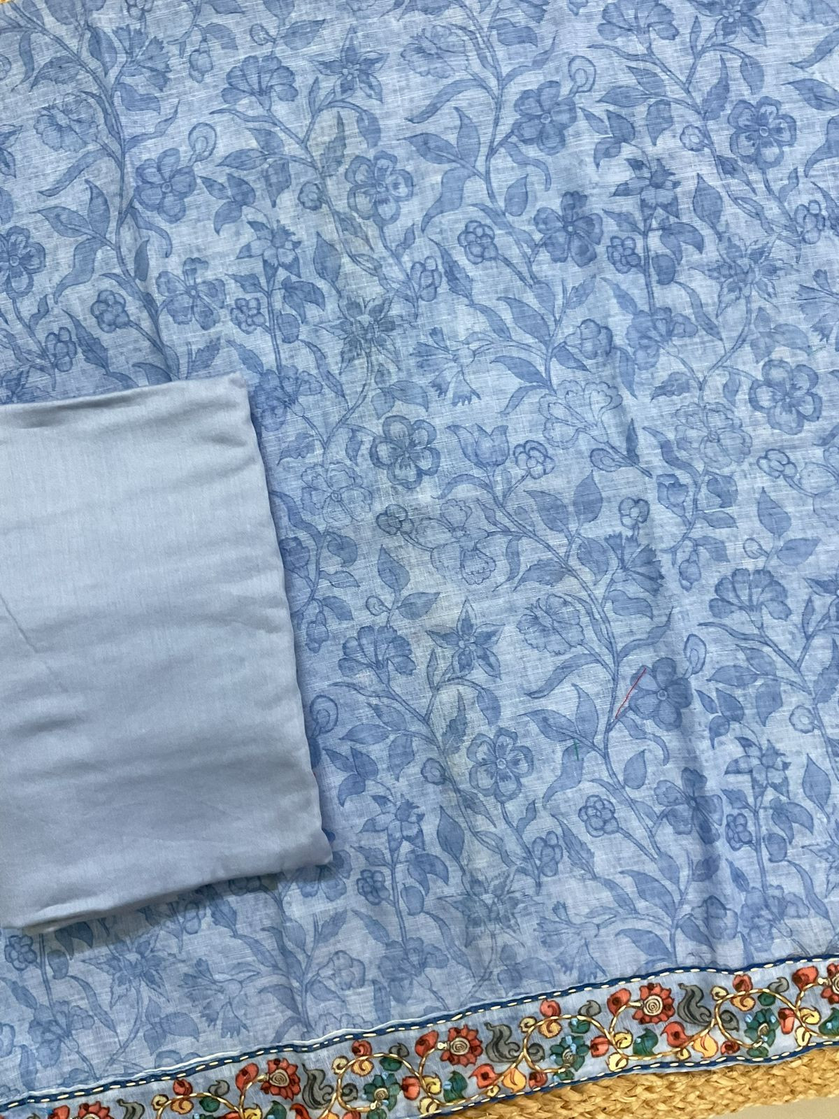 Soft Linen Jute Cotton Printed Embroidered Suit - Blue