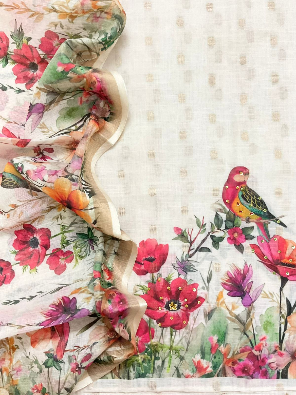 Soft Linen Jute Cotton Printed Embroidered Suit - Off White