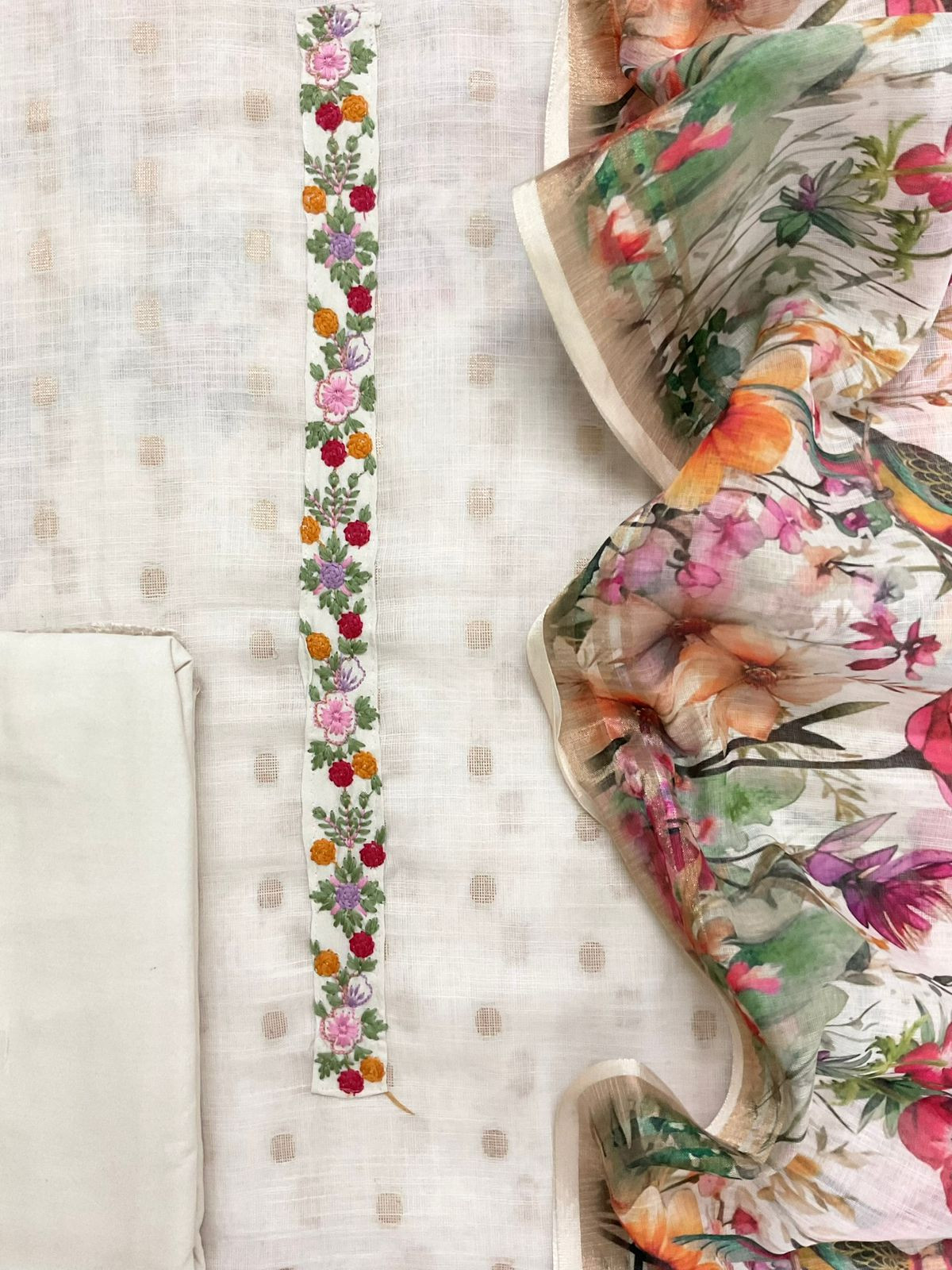 Soft Linen Jute Cotton Printed Embroidered Suit - Off White
