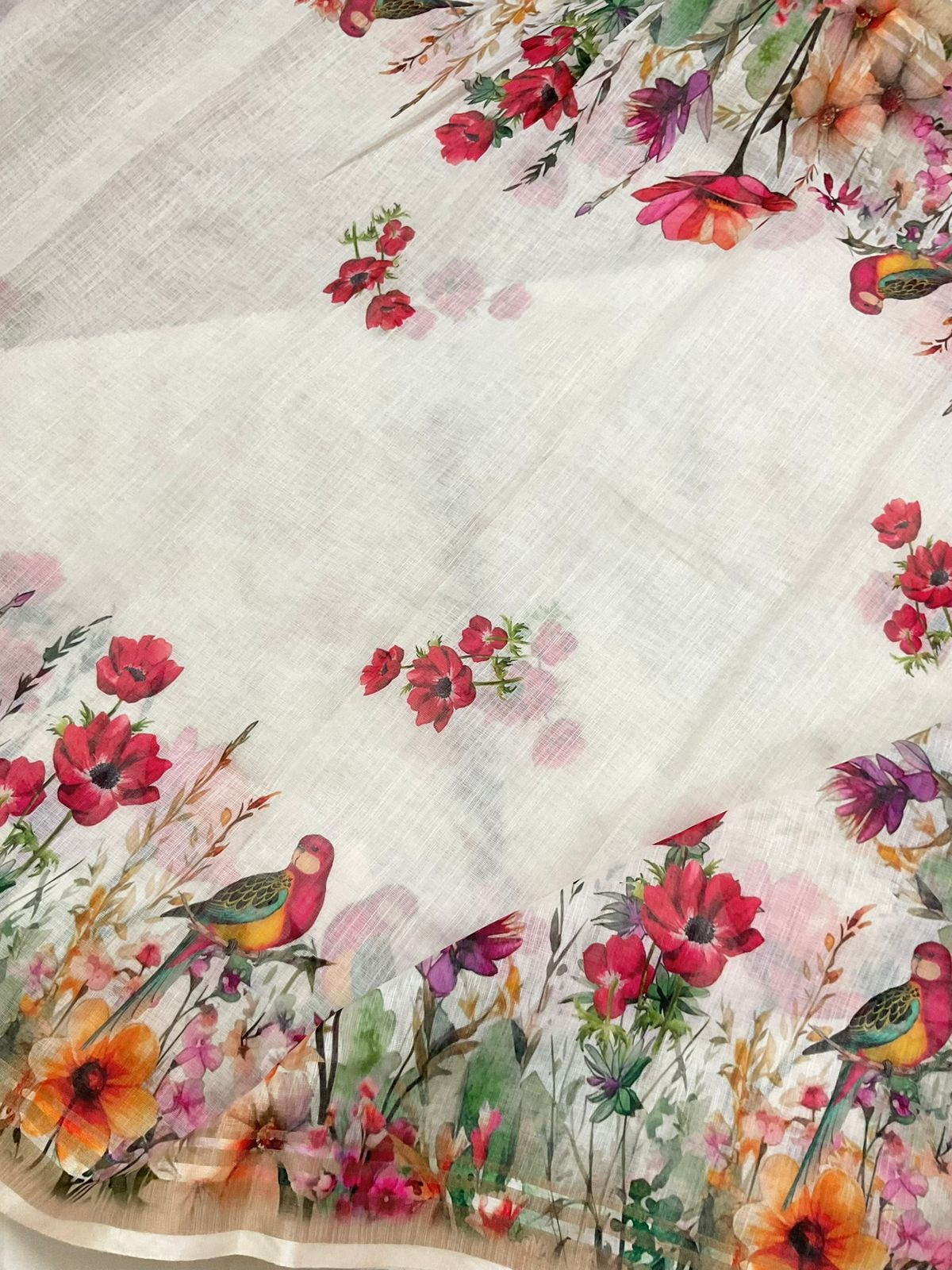 Soft Linen Jute Cotton Printed Embroidered Suit - Off White