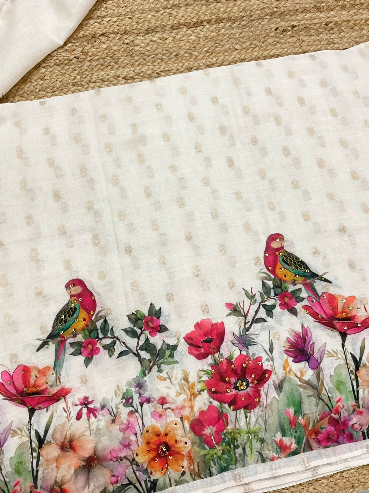 Soft Linen Jute Cotton Printed Embroidered Suit - Off White