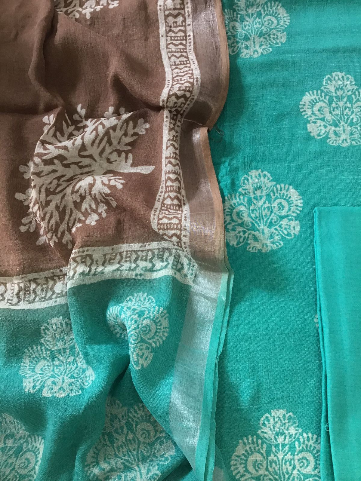 Pure Linen Jute Cotton Silk Printed Suit - Blue