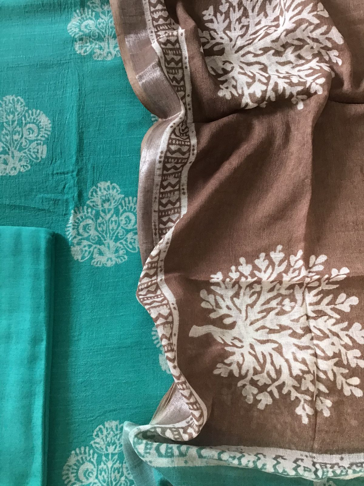 Pure Linen Jute Cotton Silk Printed Suit - Blue