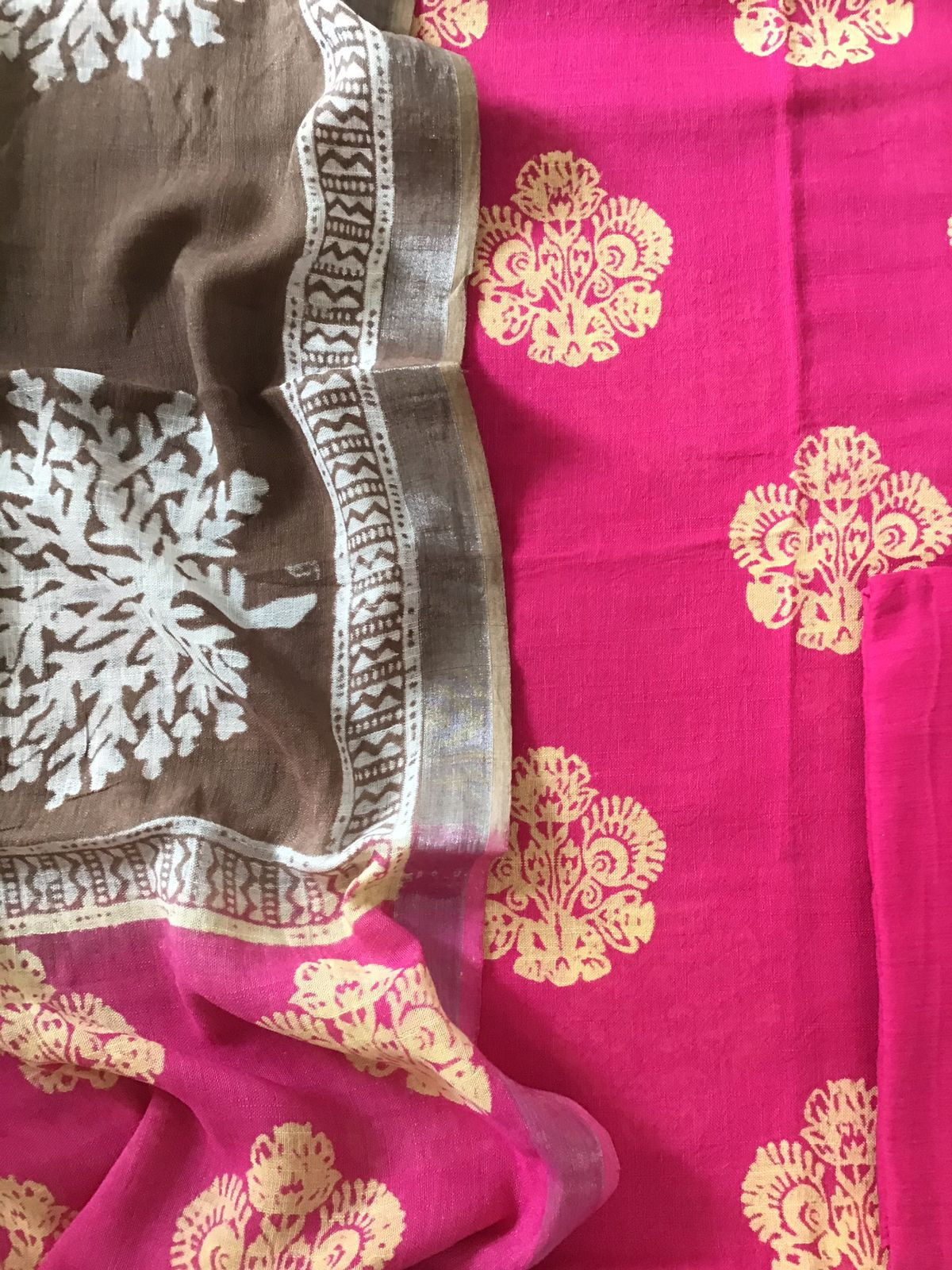 Pure Linen Jute Cotton Silk Printed Suit - Pink