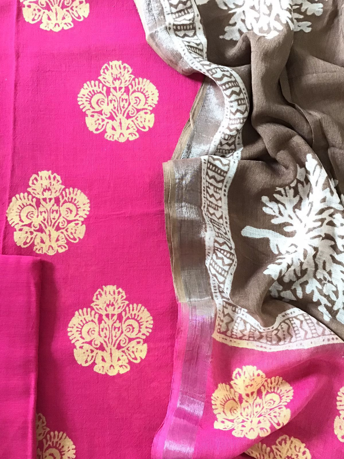 Pure Linen Jute Cotton Silk Printed Suit - Pink