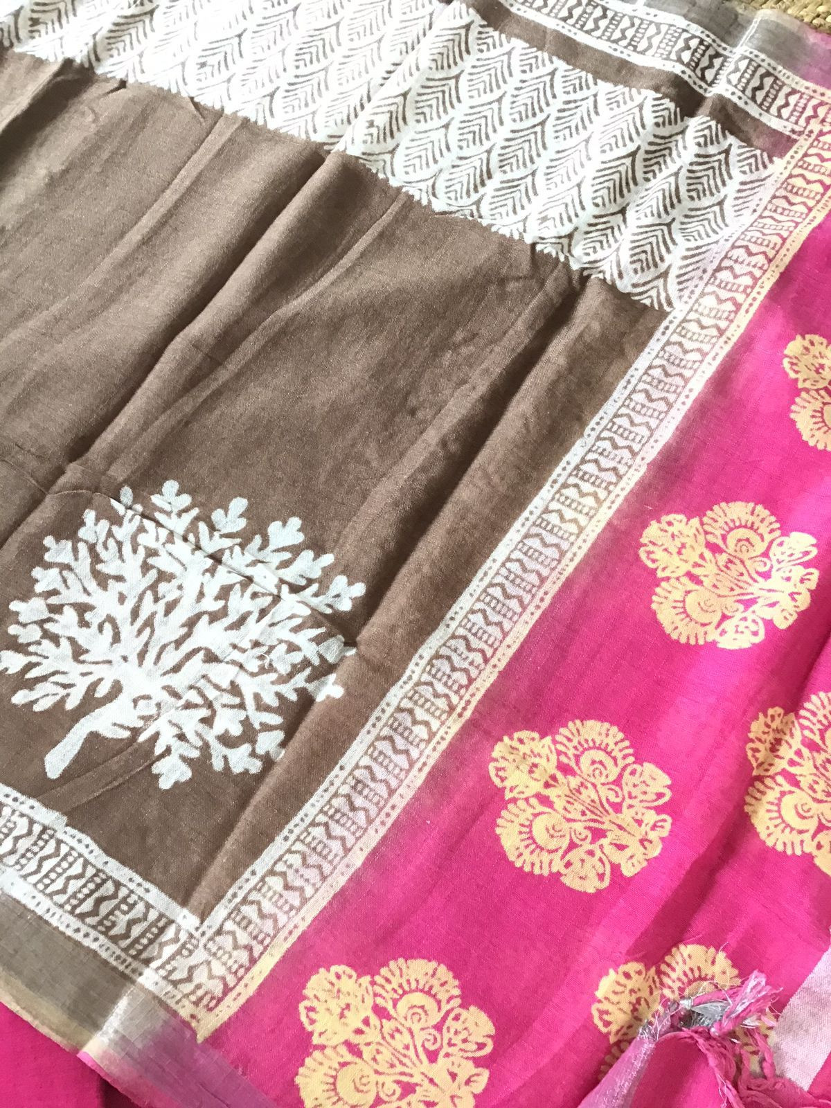 Pure Linen Jute Cotton Silk Printed Suit - Pink