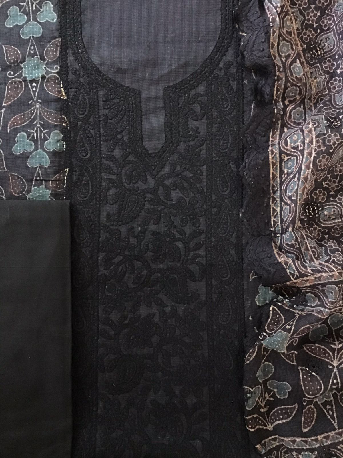 Pure Kota Cotton Ajrakh Printed Embroidered Suit - Black