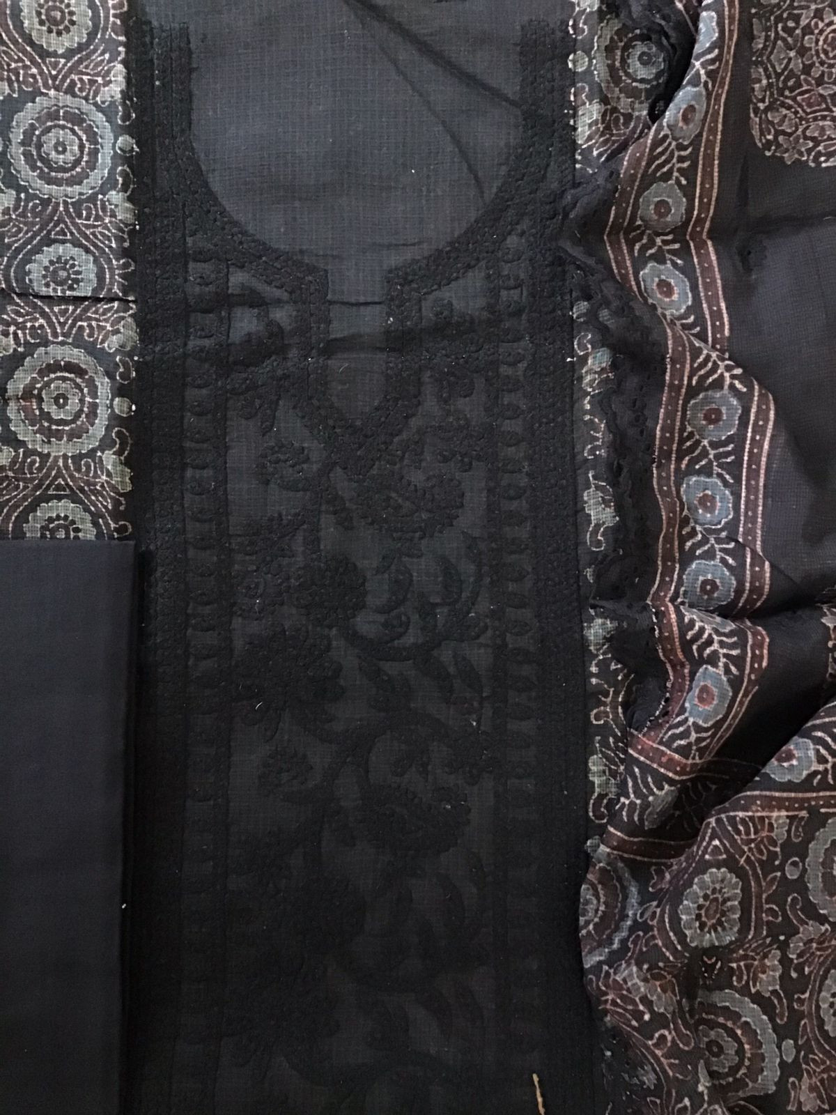 Pure Kota Cotton Ajrakh Printed Embroidered Suit - Black