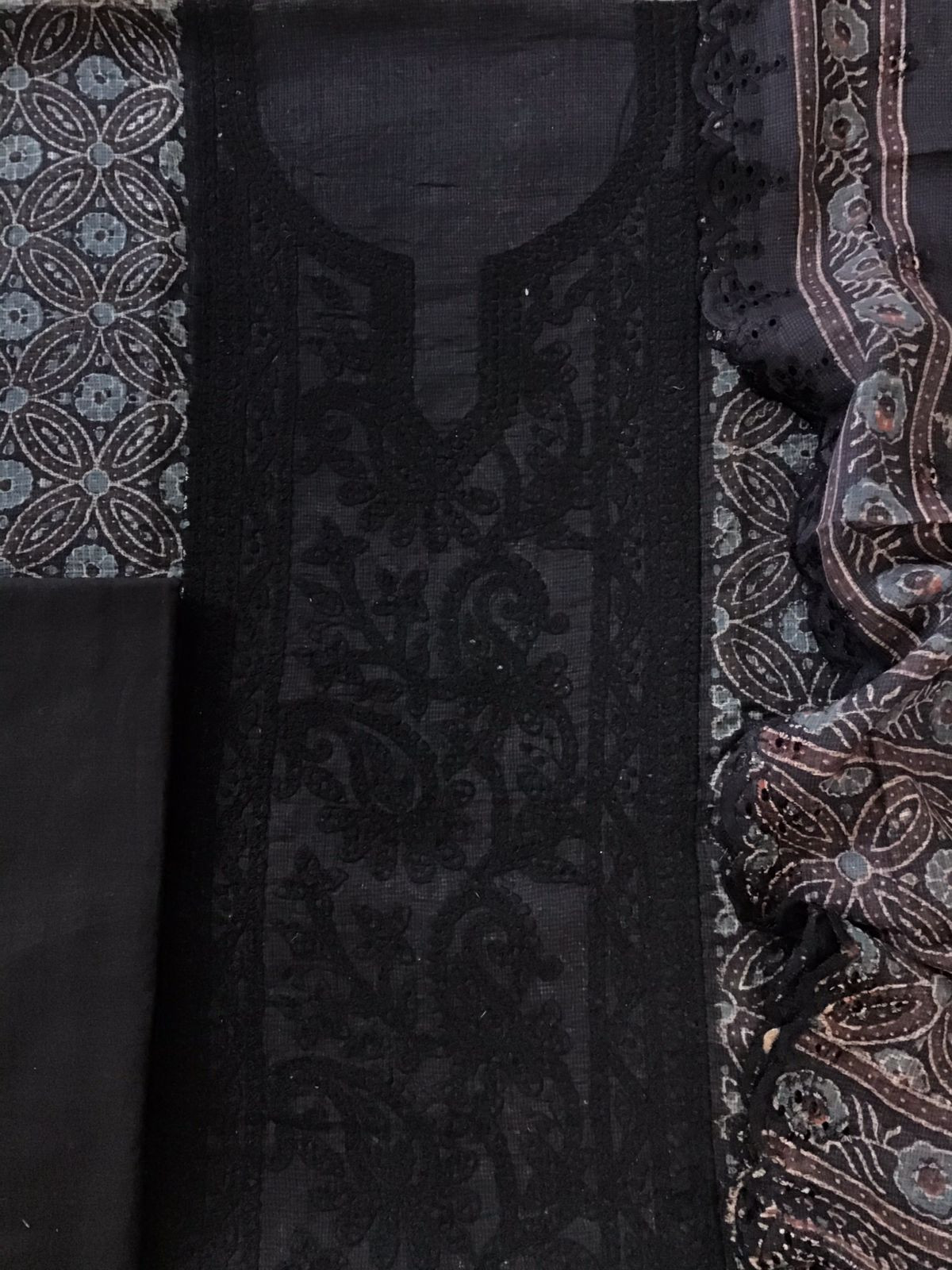 Pure Kota Cotton Ajrakh Printed Embroidered Suit - Black
