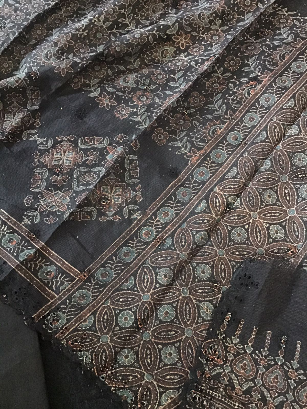 Pure Kota Cotton Ajrakh Printed Embroidered Suit - Black