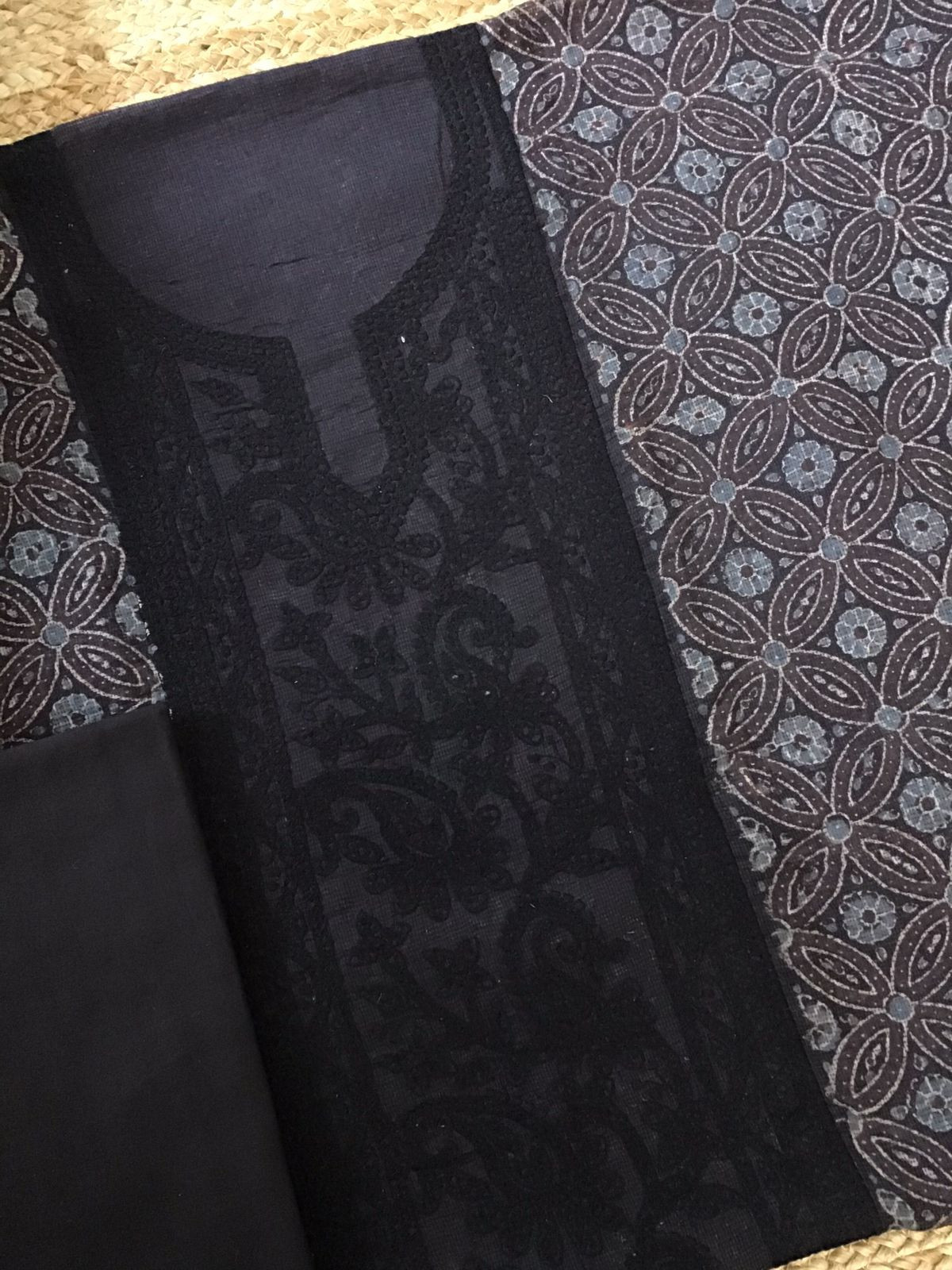 Pure Kota Cotton Ajrakh Printed Embroidered Suit - Black