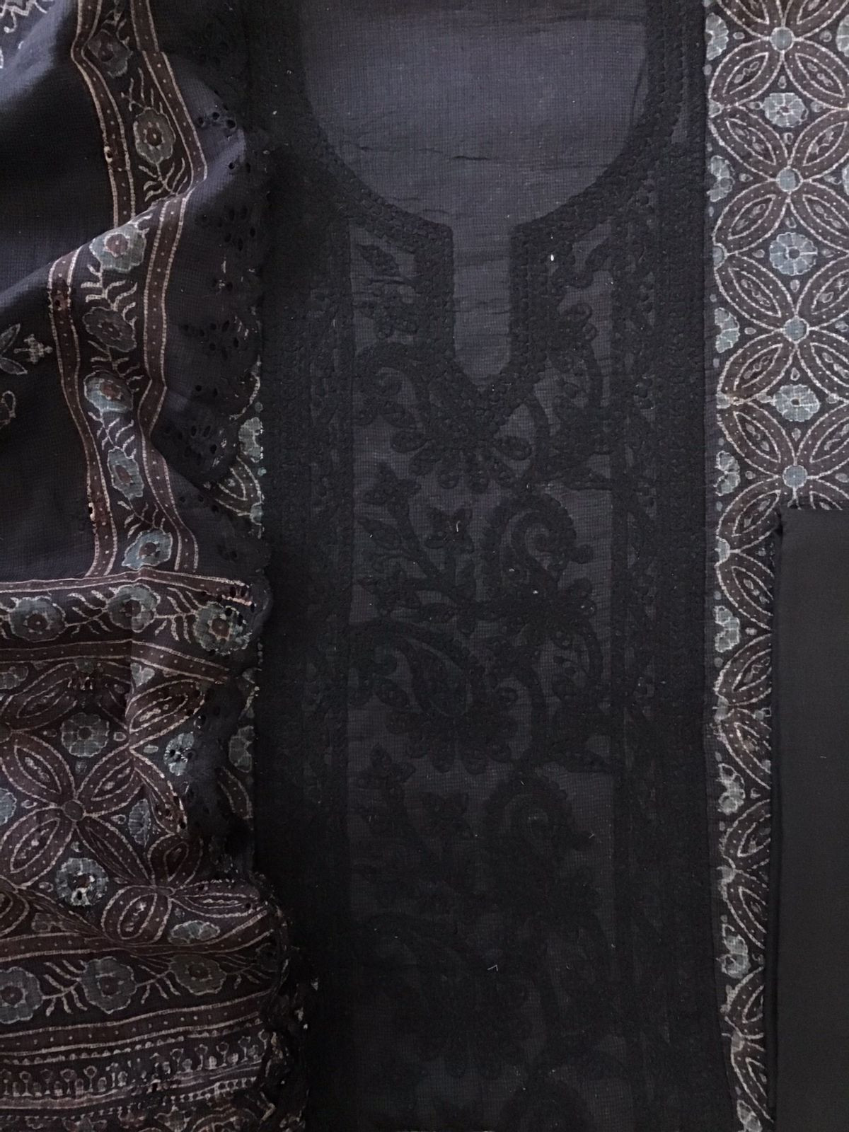 Pure Kota Cotton Ajrakh Printed Embroidered Suit - Black