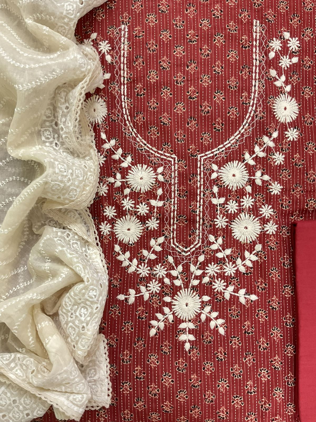 Pure Cotton Printed Embroidered Suit - Maroon