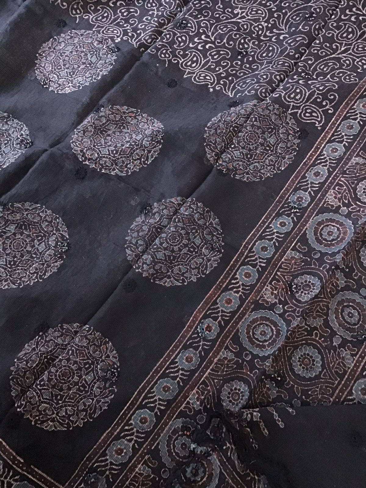 Pure Kota Cotton Ajrakh Printed Embroidered Suit - Black