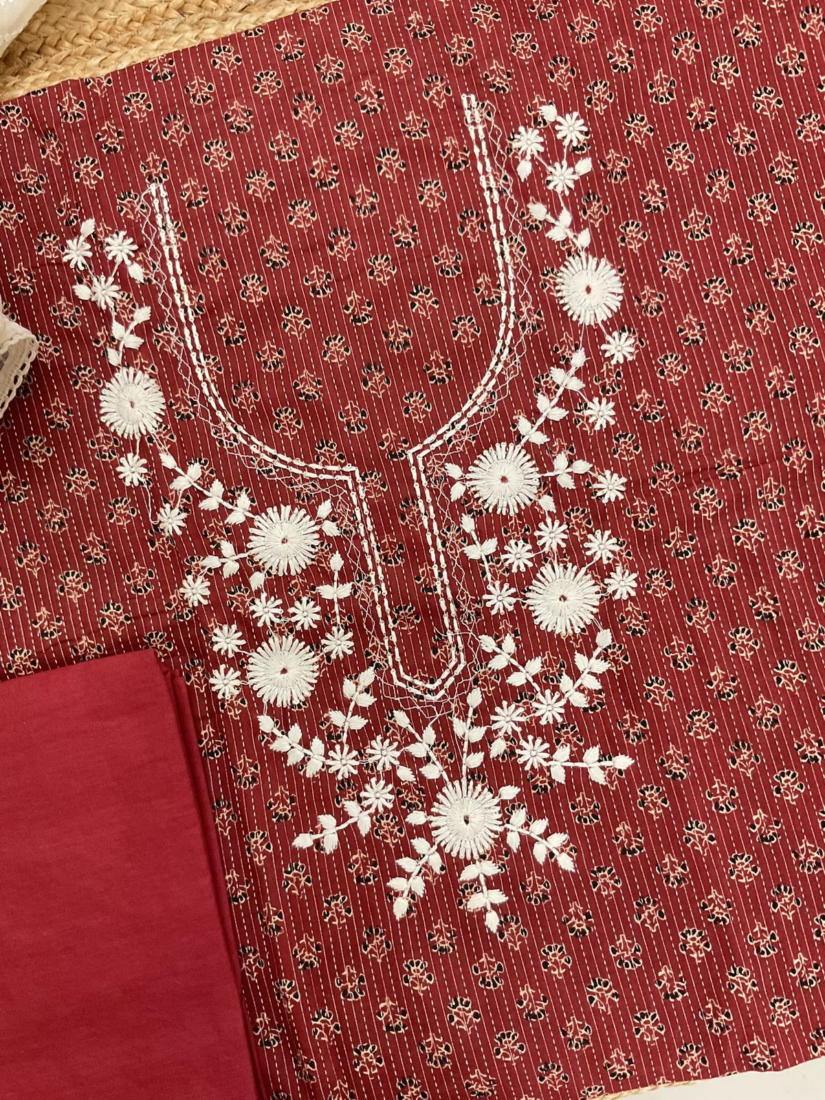 Pure Cotton Printed Embroidered Suit - Maroon