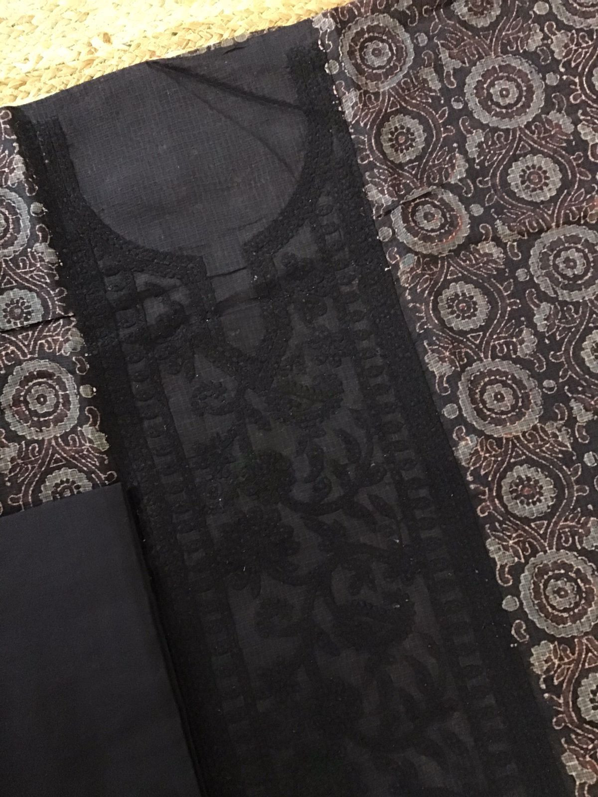 Pure Kota Cotton Ajrakh Printed Embroidered Suit - Black