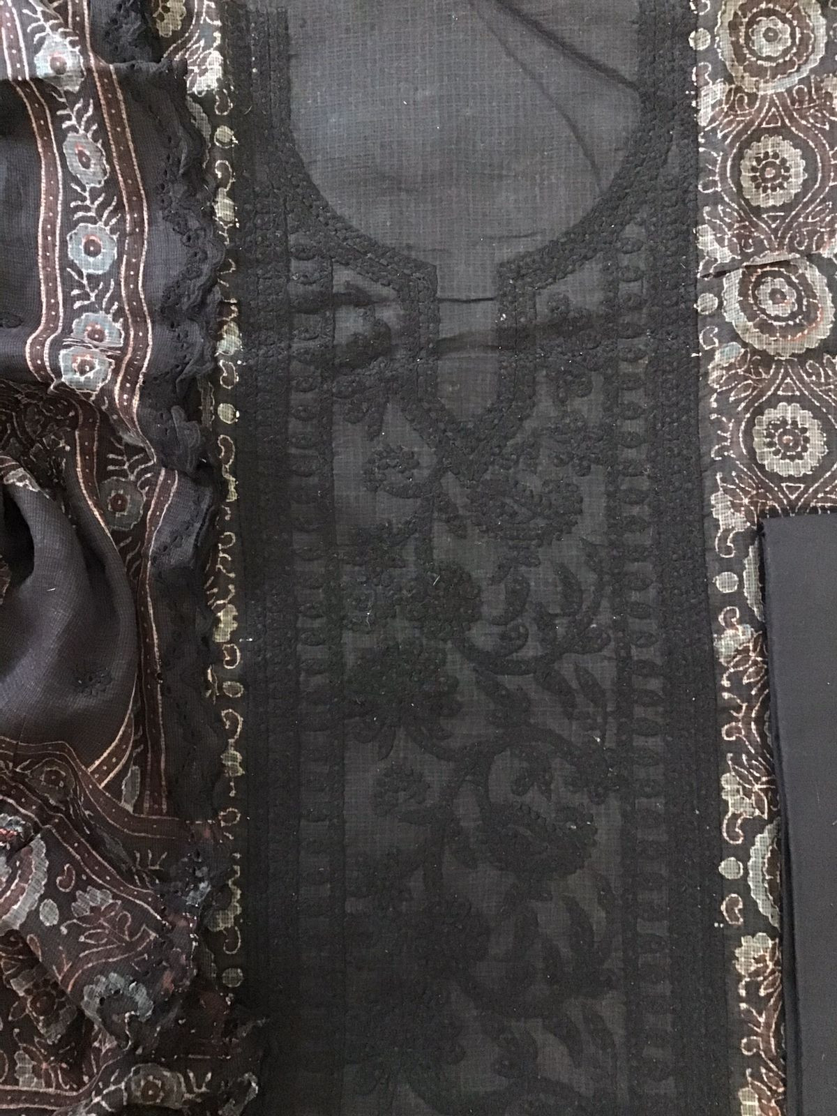 Pure Kota Cotton Ajrakh Printed Embroidered Suit - Black