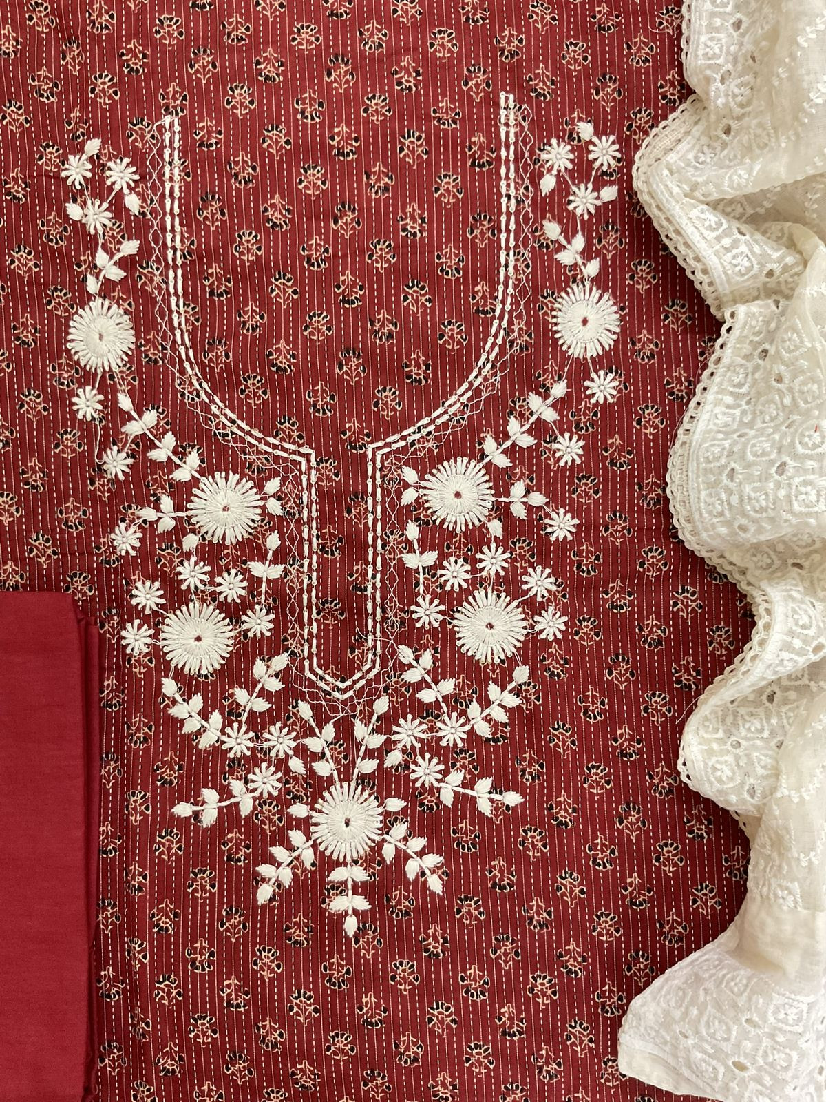 Pure Cotton Printed Embroidered Suit - Maroon