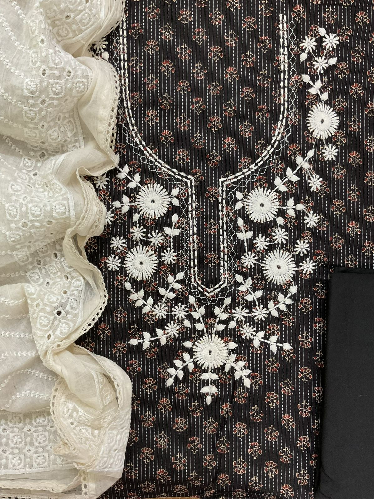 Pure Cotton Printed Embroidered Suit - Black