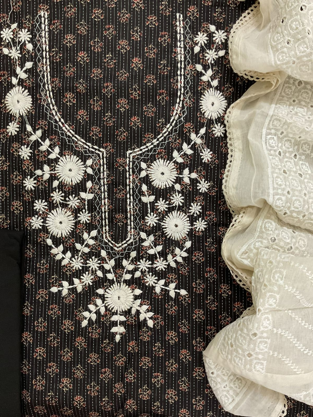 Pure Cotton Printed Embroidered Suit - Black