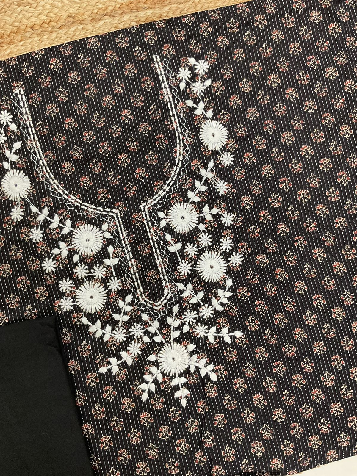 Pure Cotton Printed Embroidered Suit - Black