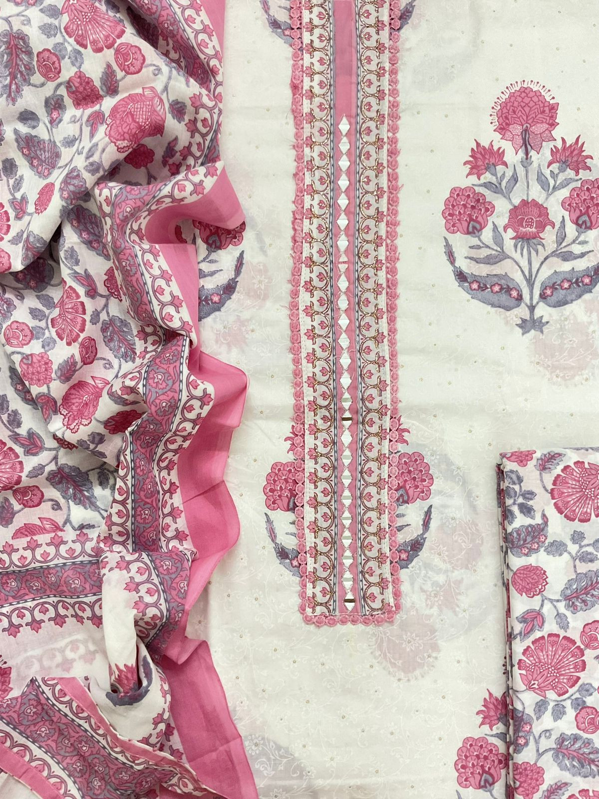 Pure Cotton Printed Embroidered Suit - White