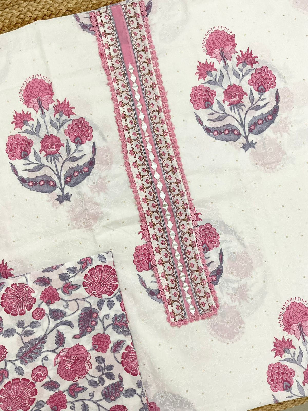 Pure Cotton Printed Embroidered Suit - White