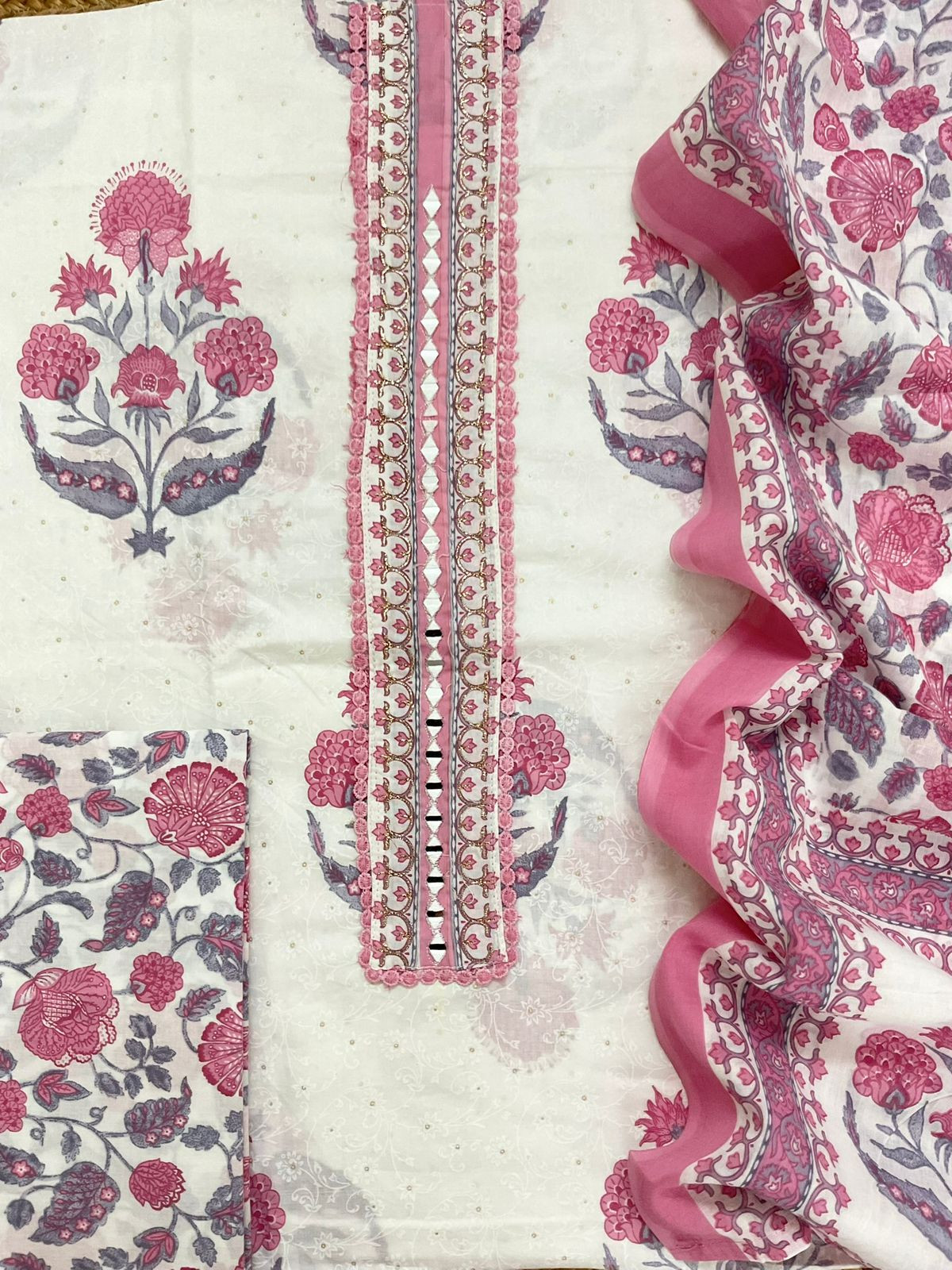 Pure Cotton Printed Embroidered Suit - White