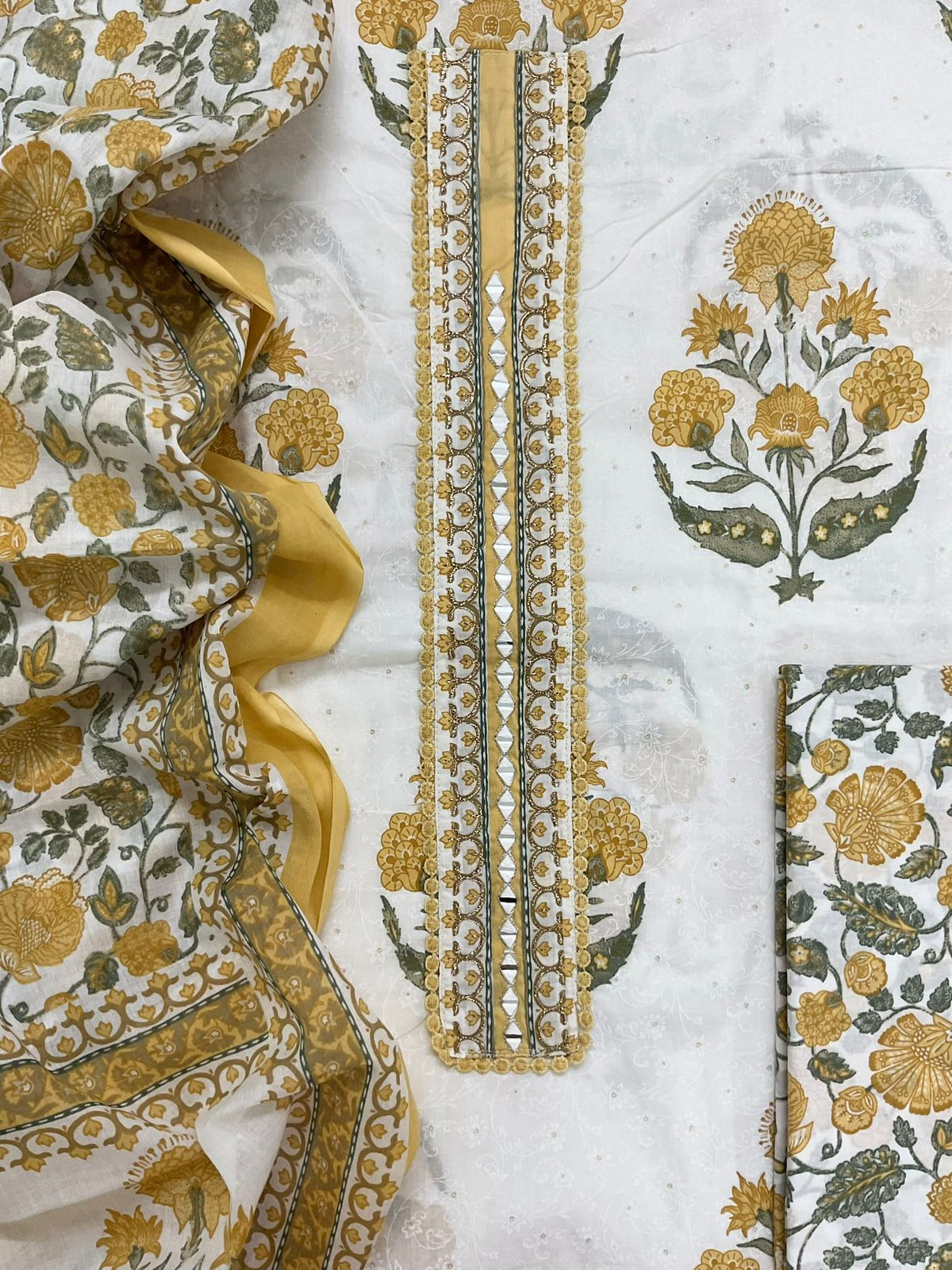 Pure Cotton Printed Embroidered Suit - White