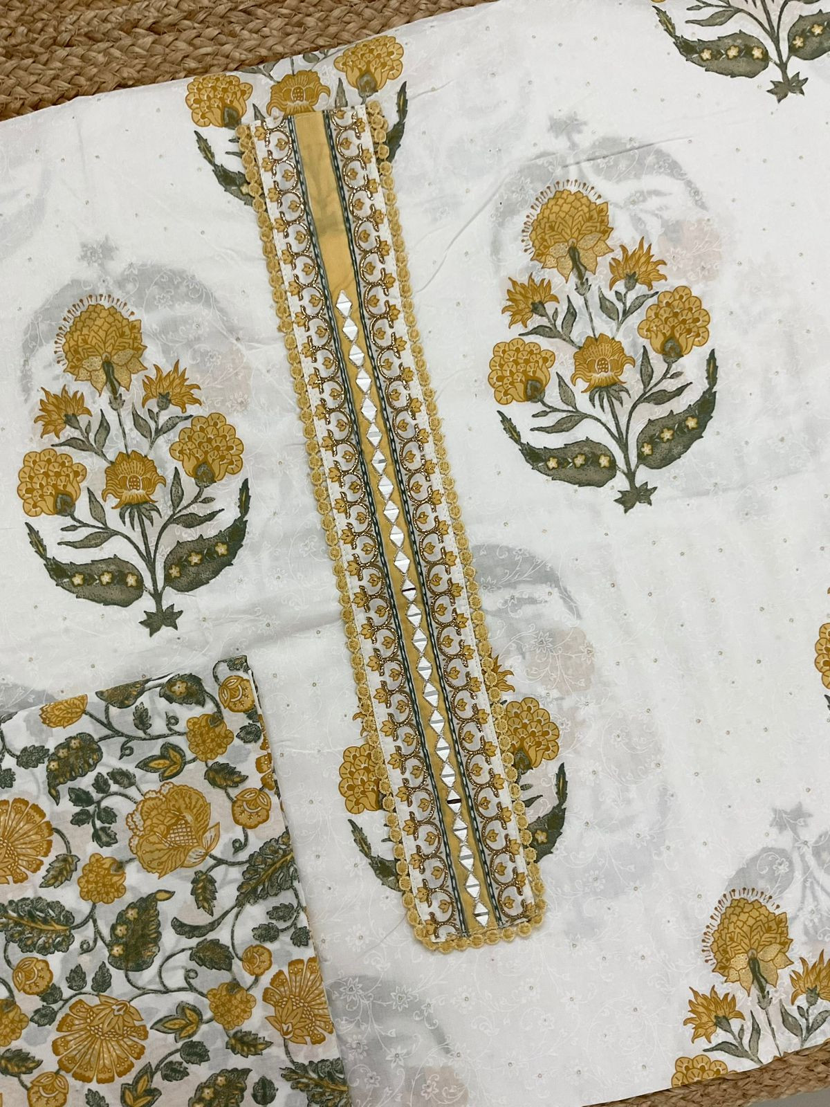 Pure Cotton Printed Embroidered Suit - White