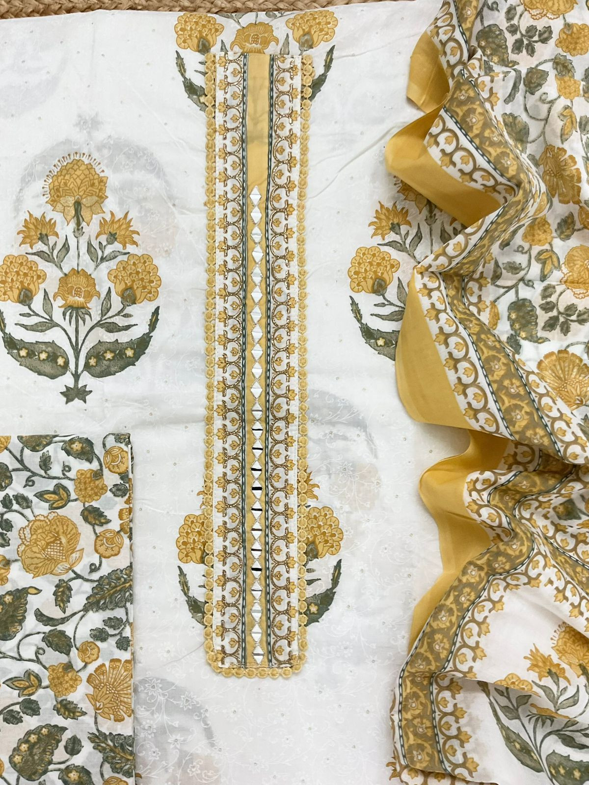 Pure Cotton Printed Embroidered Suit - White