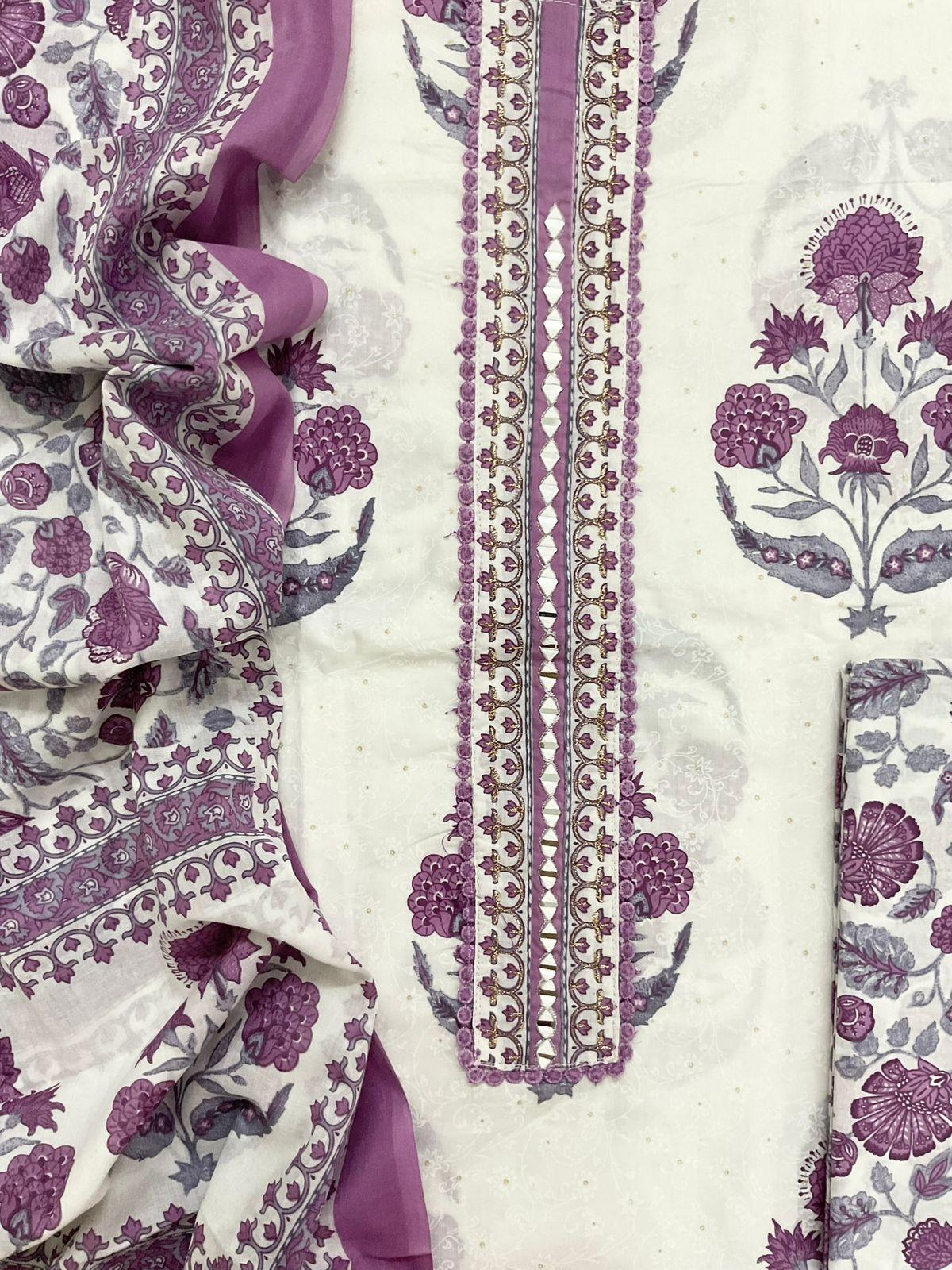 Pure Cotton Printed Embroidered Suit - White